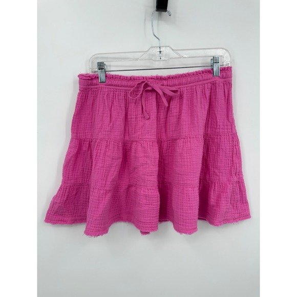 aerie Dresses & Skirts - Aerie Tiered Mini Skirt Women L Pink Crinkle Gauze Frayed Hem Elastic Waist